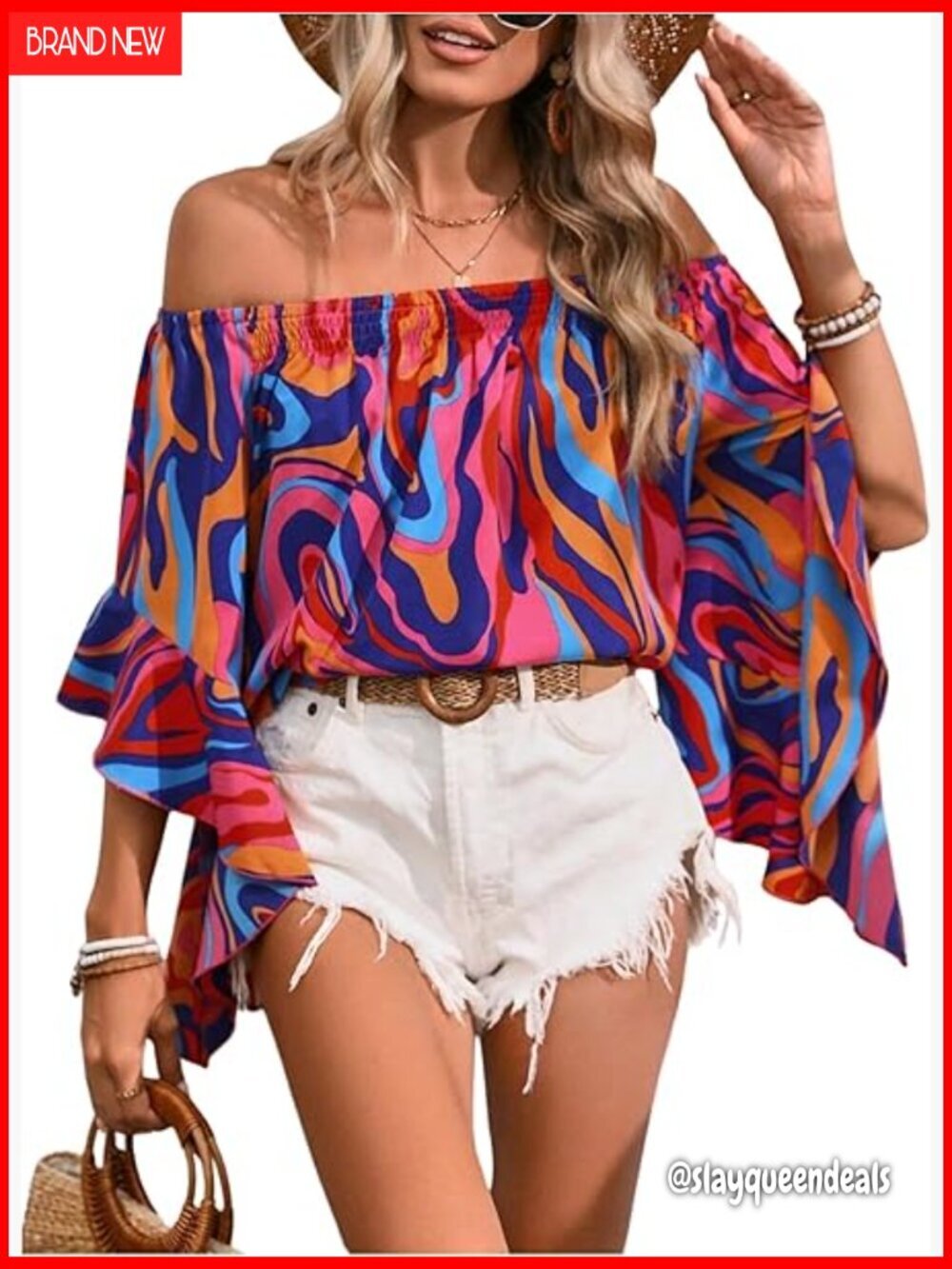 Off Shoulder Boho Blouse 3/4 Sleeve Ruffle Casual Polyester Blend